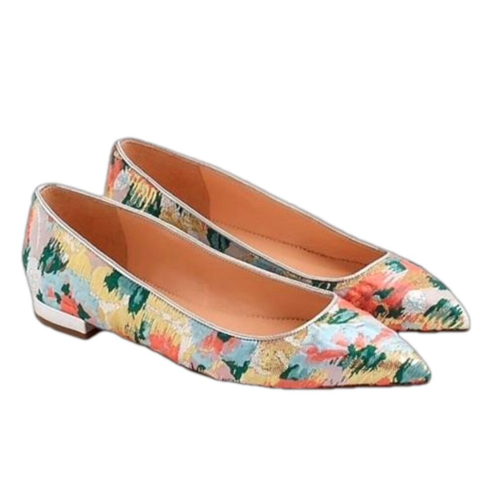 New J. Crew Brocade Pointed Toe Flats Textured Watercolor Metallic Floral, Sz 8